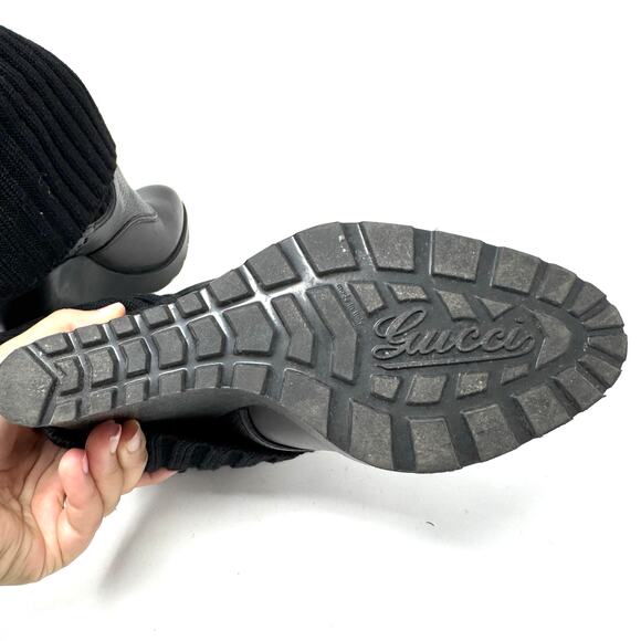 Gucci Knit-Sock Black Leather Wedge Boots - Picture 11 of 13